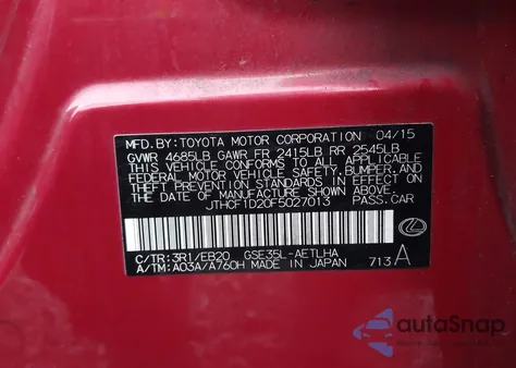 2015 Lexus Is 250 из США, поврежденный, VIN JTHCF1D20F5027013